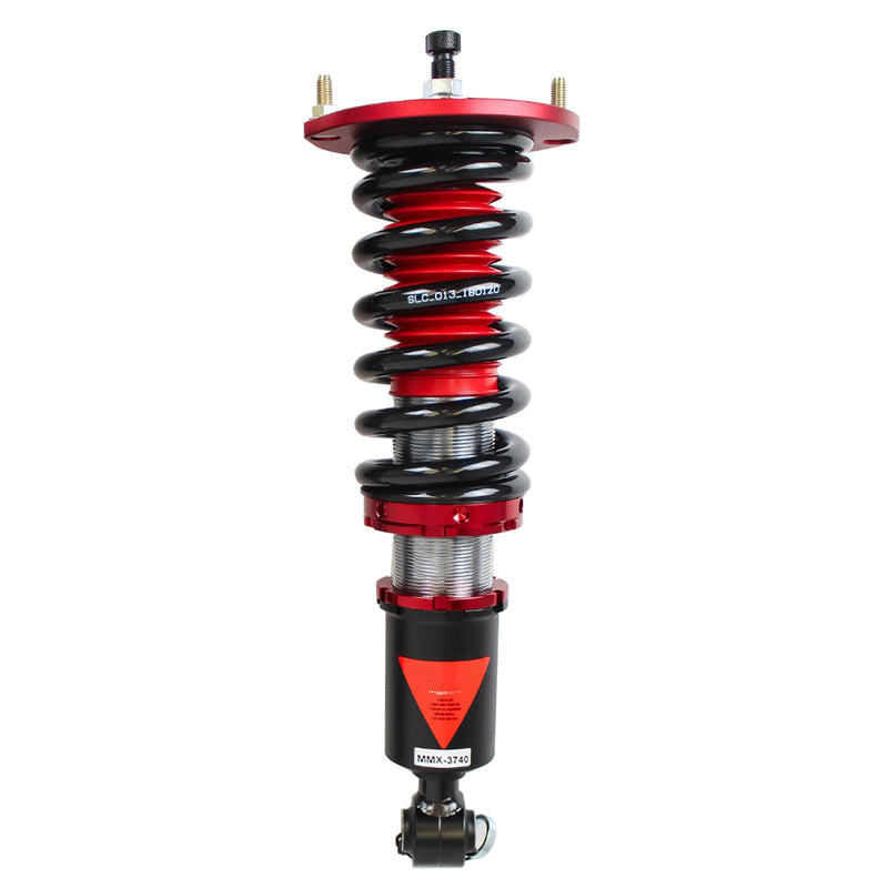 Load image into Gallery viewer, Godspeed coilover for Nissan Skyline R32 with black spring, red mounting plate, and silver adjustable body.
