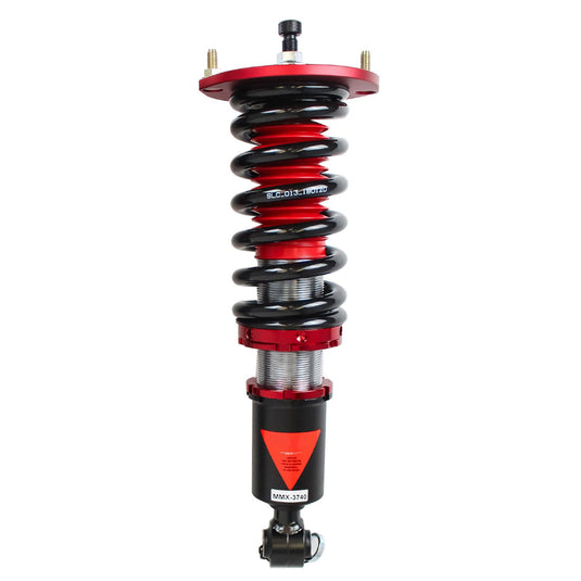 Godspeed coilover for Nissan Skyline R32 with black spring, red mounting plate, and silver adjustable body.