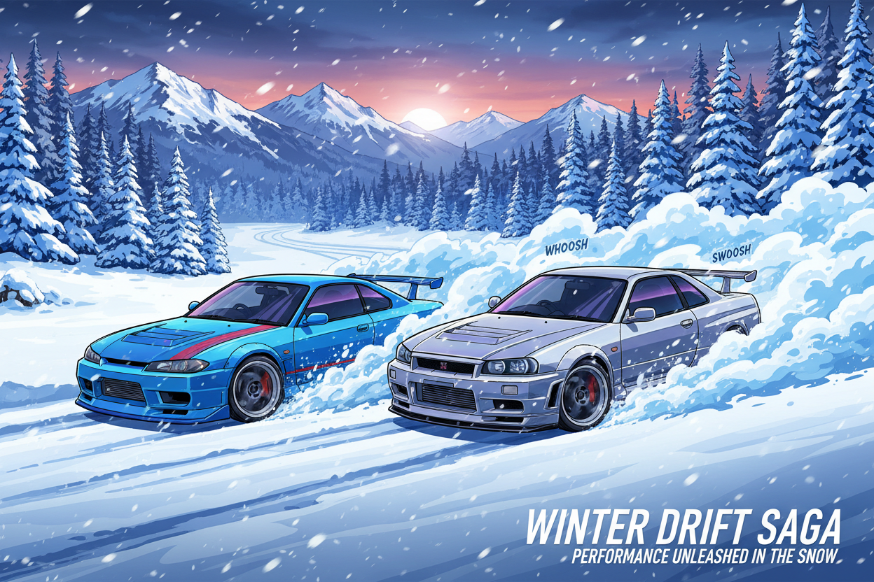 more of a anime style and also add a skyline gtr sliding next to the s15 in tandem