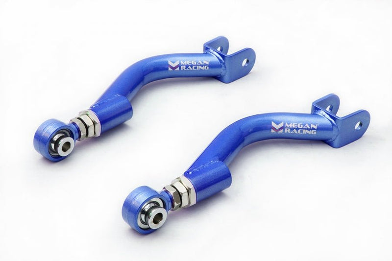 Load image into Gallery viewer, Megan Racing blue adjustable rear upper control arms for Nissan 240SX S14 with pillow ball ends on white background.

