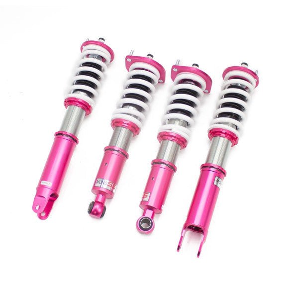 Load image into Gallery viewer, Godspeed coilovers for Nissan Skyline R32, featuring bright pink bodies and white springs on a white background.
