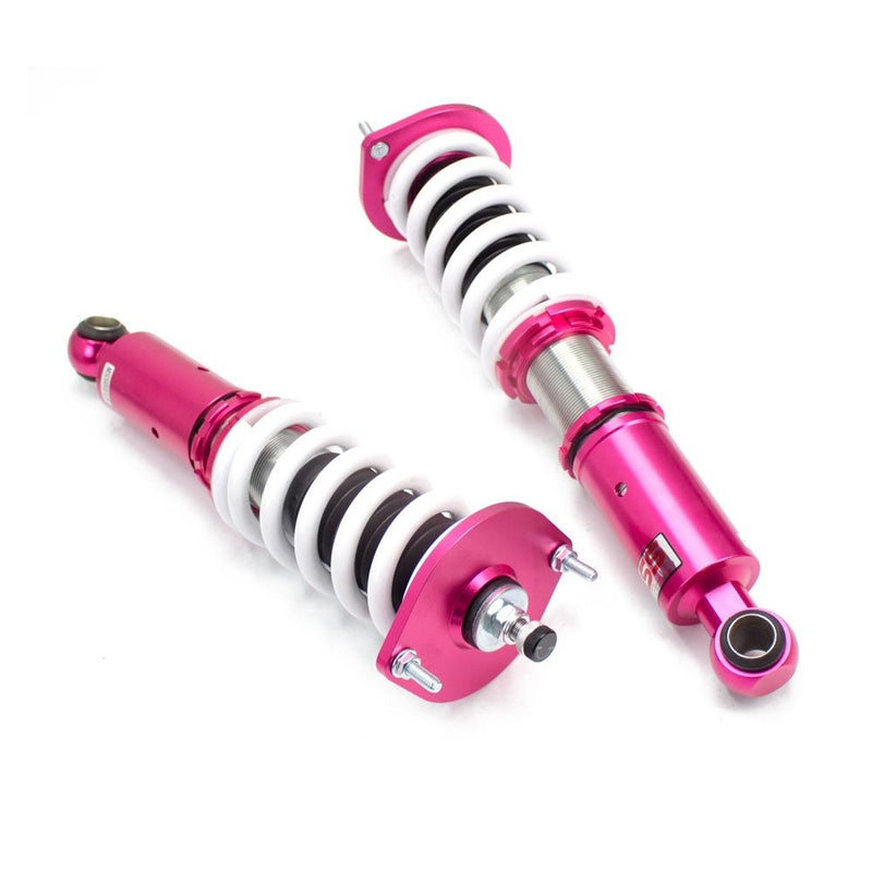 Load image into Gallery viewer, Godspeed pink and white coilovers for Nissan Skyline GT-R R32, featuring adjustable mounts.
