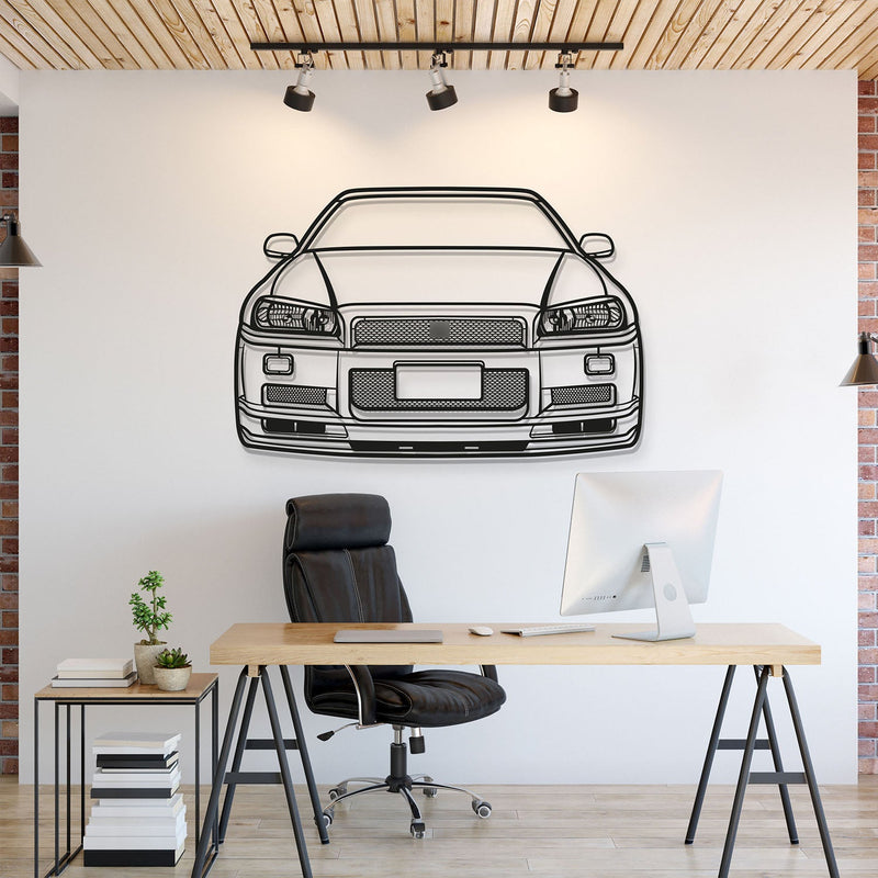 Load image into Gallery viewer, Black metal wall art featuring the front view of a Nissan Skyline GT-R R34 mounted on an office wall.
