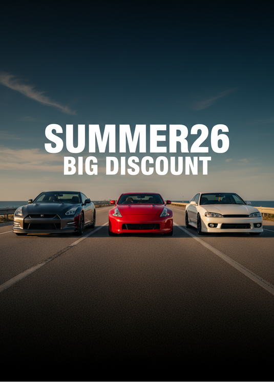 Three sports cars parked on an open road under a dark blue sky, with large white text reading 'SUMMER26 BIG DISCOUNT' across the center.