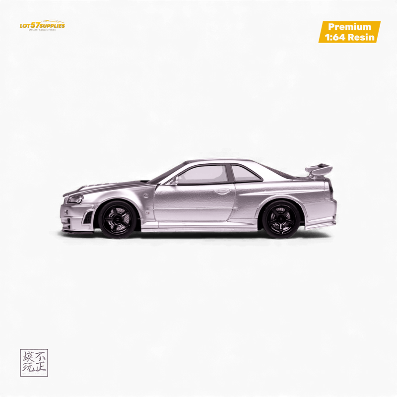Load image into Gallery viewer, 1:64 scale silver Nissan Skyline GT-R R34 NISMO Z-TUNE resin model car on a black background.
