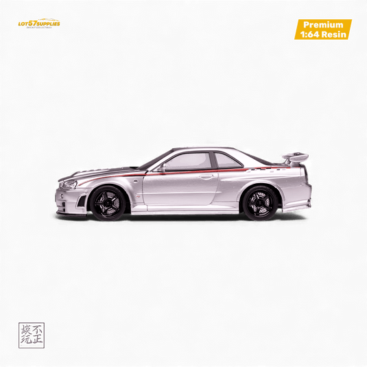 1:64 scale silver Nissan Skyline GT-R R34 Z-Tune Nismo edition resin model car, side profile view with black wheels.