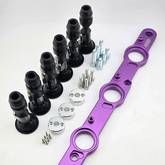 Nissan RB DOHC R35 ignition coil conversion kit with a purple bracket, six black coils, and mounting hardware.