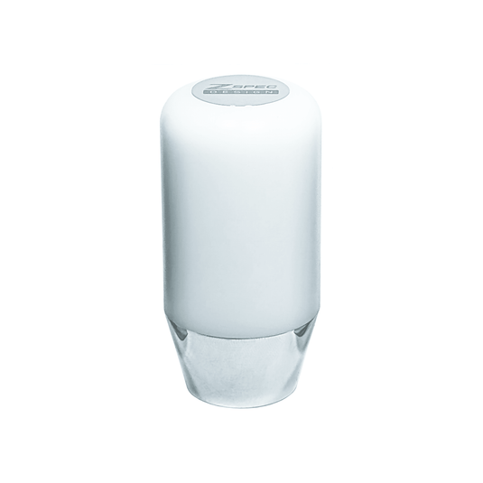 ZSPEC Delrin and stainless steel 6-speed shift knob for 350z, 370z, G35, G37, EVO, RX. White cylindrical design.