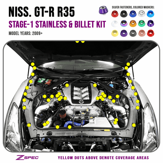 ZSPEC Stage-1 Dress Up Bolts® Fastener Kit for '09-23 Nissan GTR (R35), Stainless & Billet