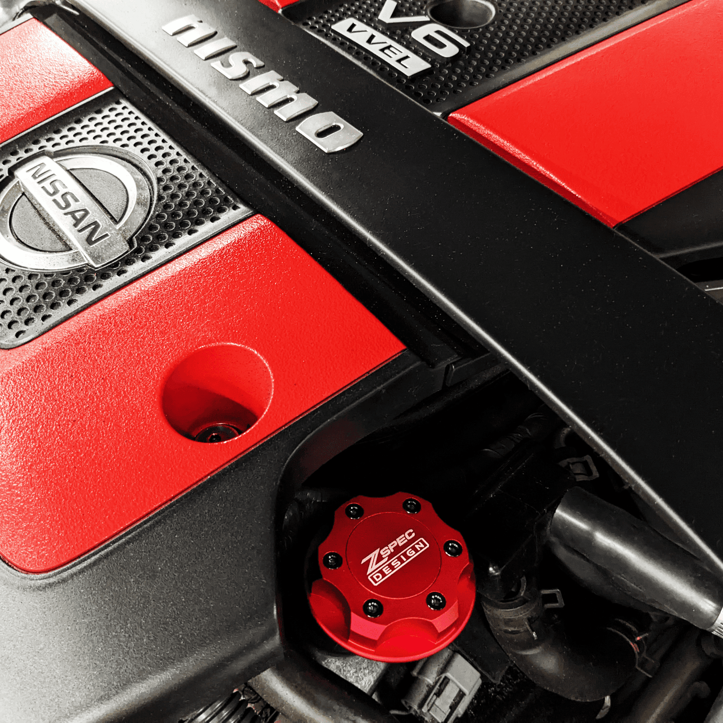 ZSPEC Billet Oil Filler Cap for Nissan/Infiniti/Datsun, Red Cap w/ Titanium Accents