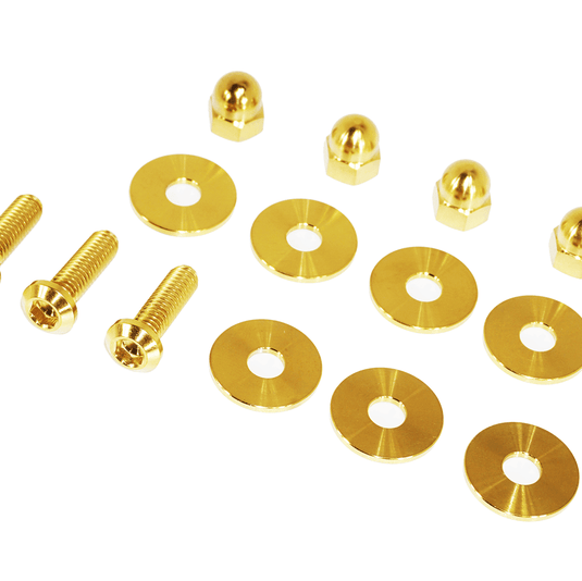 Gold titanium engine cover fasteners for 2003-2009 Nissan 350Z, including bolts, washers, and acorn nuts.