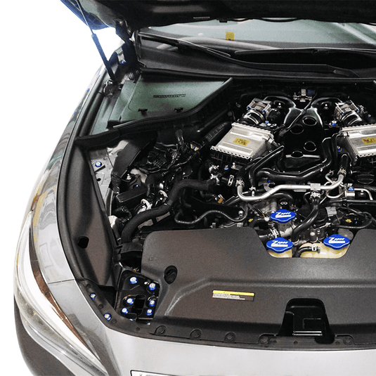 ZSPEC blue billet fastener kit installed in a '17-20 Infiniti Q50/Q60 engine bay.