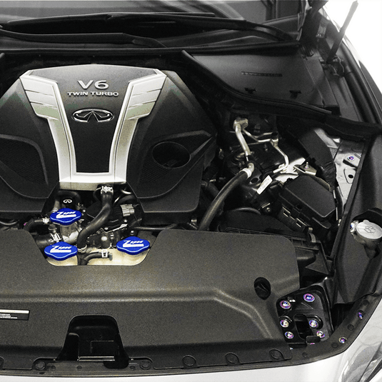 ZSPEC titanium dress-up bolt kit installed in an Infiniti Q50/Q60 VR30 engine bay with blue fluid caps.