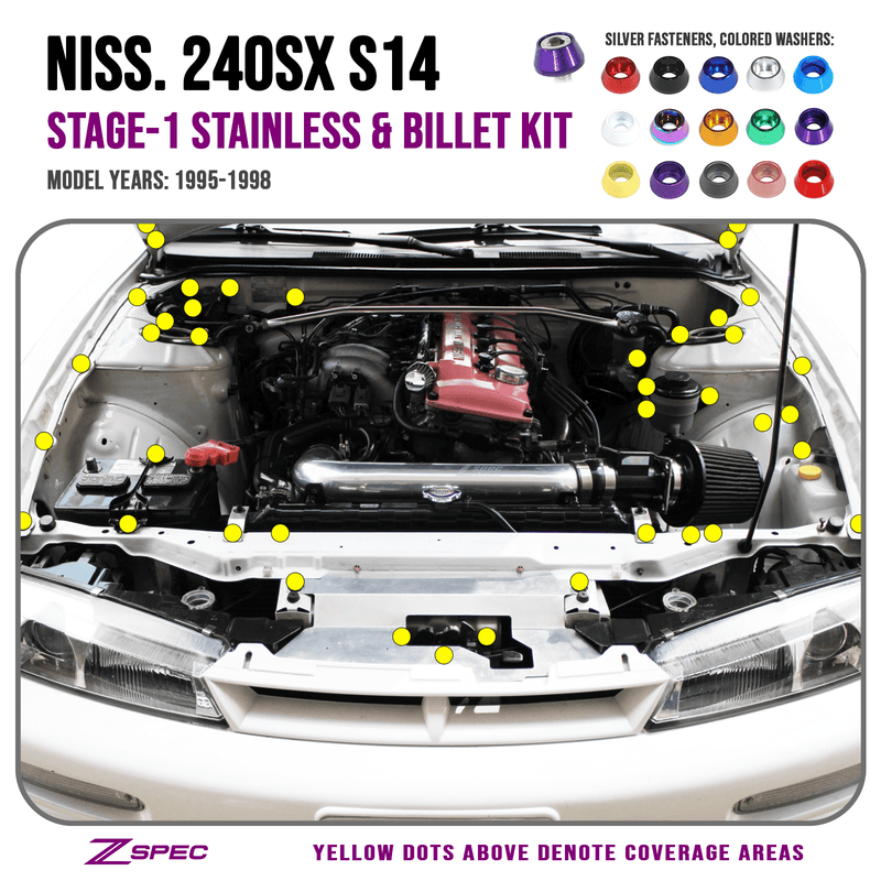 Cargue la imagen en el visor de la galería, ZSPEC stainless and billet fastener kit for 1995-1998 Nissan 240SX S14 engine bay with yellow coverage highlights.
