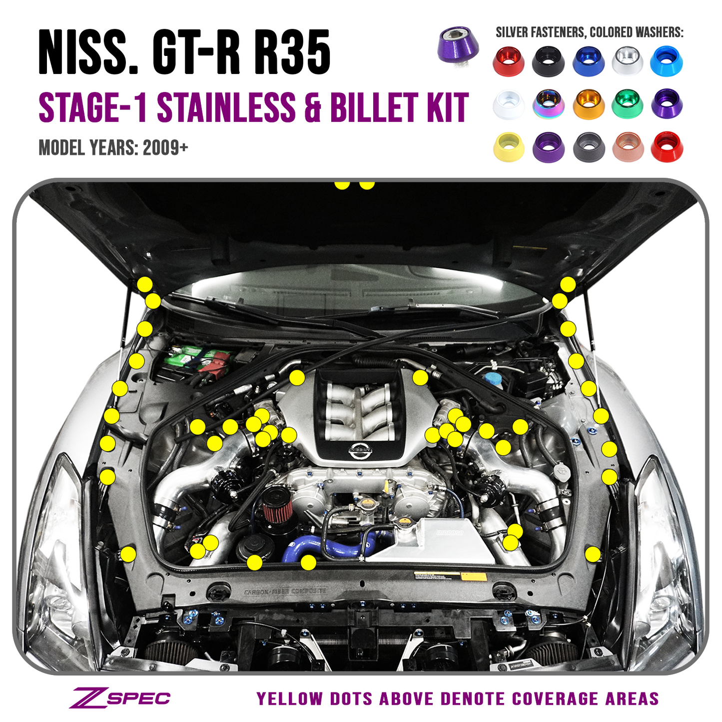 ZSPEC Stage-1 Dress Up Bolts® Fastener Kit for '09-23 Nissan GTR (R35), Stainless & Billet