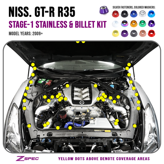 ZSPEC Stage-1 Dress Up Bolts® Fastener Kit for '09-23 Nissan GTR (R35), Stainless & Billet
