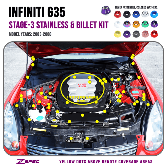 ZSPEC Stage-3 Dress Up Bolts® Fastener Kit for '03-08 Infiniti G35, Stainless & Billet