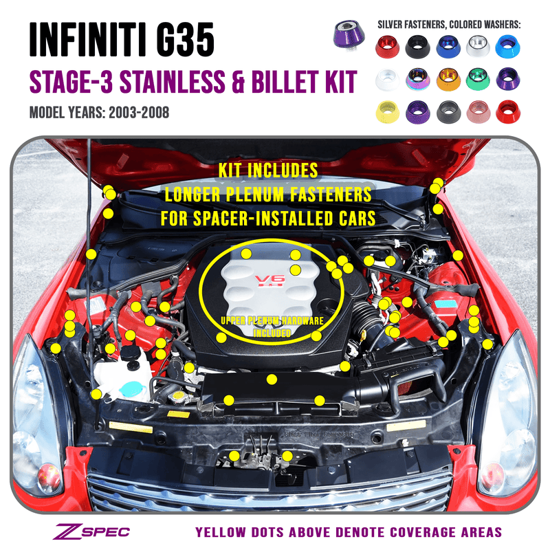 Load image into Gallery viewer, ZSPEC Stage-3 Dress Up Bolts® Fastener Kit for '03-08 Infiniti G35 w/ Plenum Spacer, Stainless &amp; Billet

