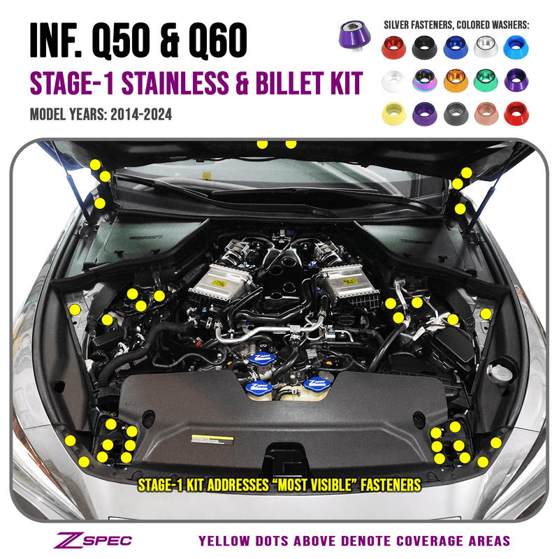 Cargue la imagen en el visor de la galería, ZSPEC stainless steel fastener kit for 2014-2024 Infiniti Q50/Q60, highlighting engine bay bolt locations in yellow.
