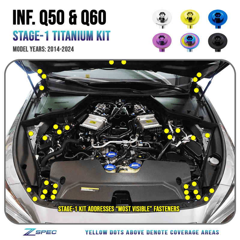 Cargue la imagen en el visor de la galería, ZSPEC titanium engine dress-up bolt kit for Infiniti Q50/Q60. Image shows bolt locations marked with yellow dots.
