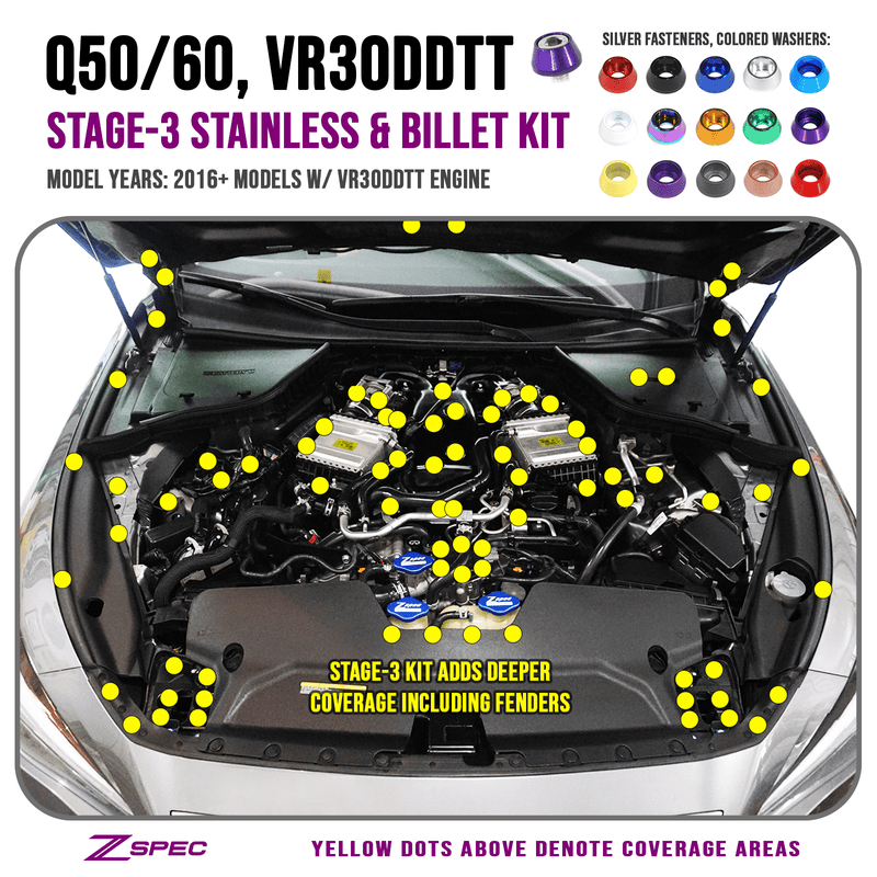 ギャラリービューアに画像をロードする, ZSPEC Stage-3 fastener kit for Infiniti Q50/Q60 VR30 engine bay, showing coverage areas with color options.
