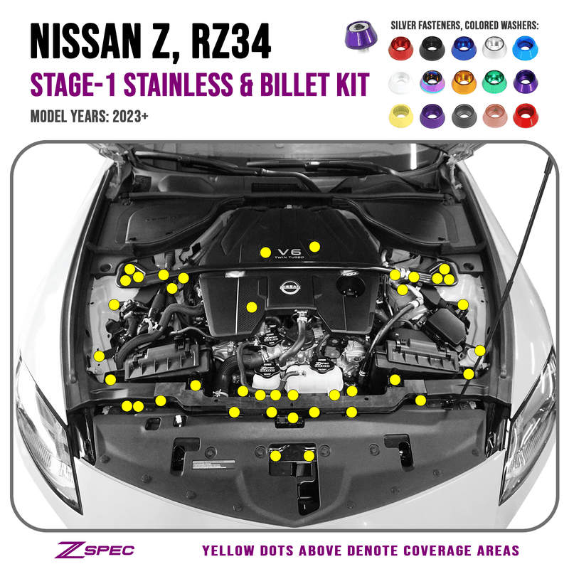 ギャラリービューアに画像をロードする, ZSPEC Stage-1 dress-up bolt kit for Nissan Z RZ34, showing engine bay coverage areas and various colored washer options.
