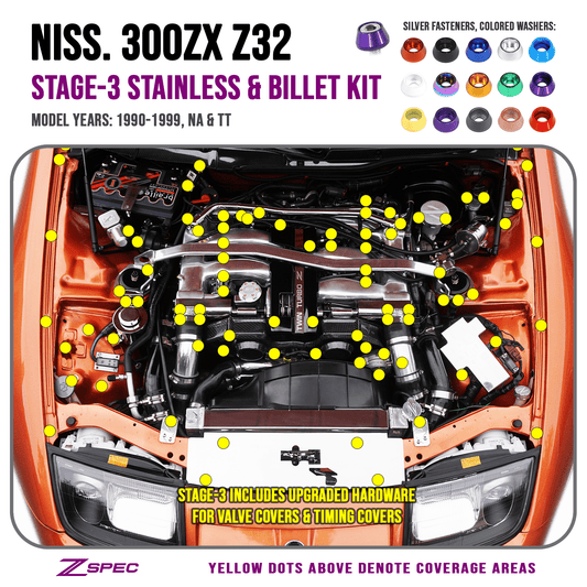 ZSPEC Stage-3 Dress Up Bolts® Fastener Kit for Nissan 300zx Z32, Upgraded Timing Bolts, Stainless & Billet