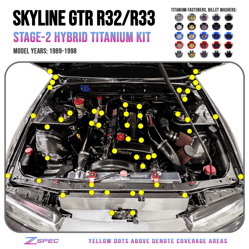 ギャラリービューアに画像をロードする, ZSPEC Stage-2 titanium bolt kit for Nissan Skyline R32/R33, showing engine bay coverage points with yellow dots.
