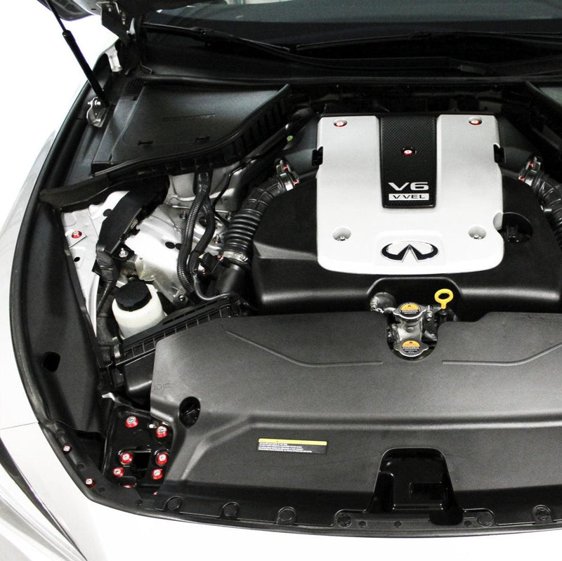 Cargue la imagen en el visor de la galería, ZSPEC red billet dress-up bolts installed on Infiniti G37/Q50 VQ37 engine bay.
