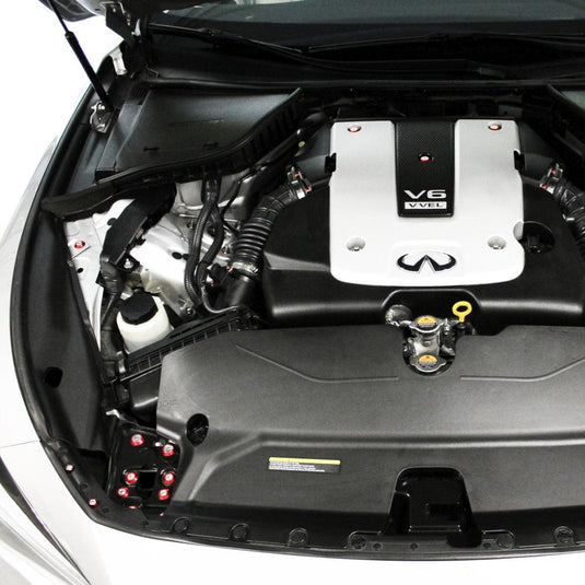 ZSPEC red billet dress-up bolts installed on Infiniti G37/Q50 VQ37 engine bay.