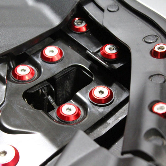 ZSPEC red billet fastener kit installed on an '09-'17 Infiniti G37/Q50 engine bay.
