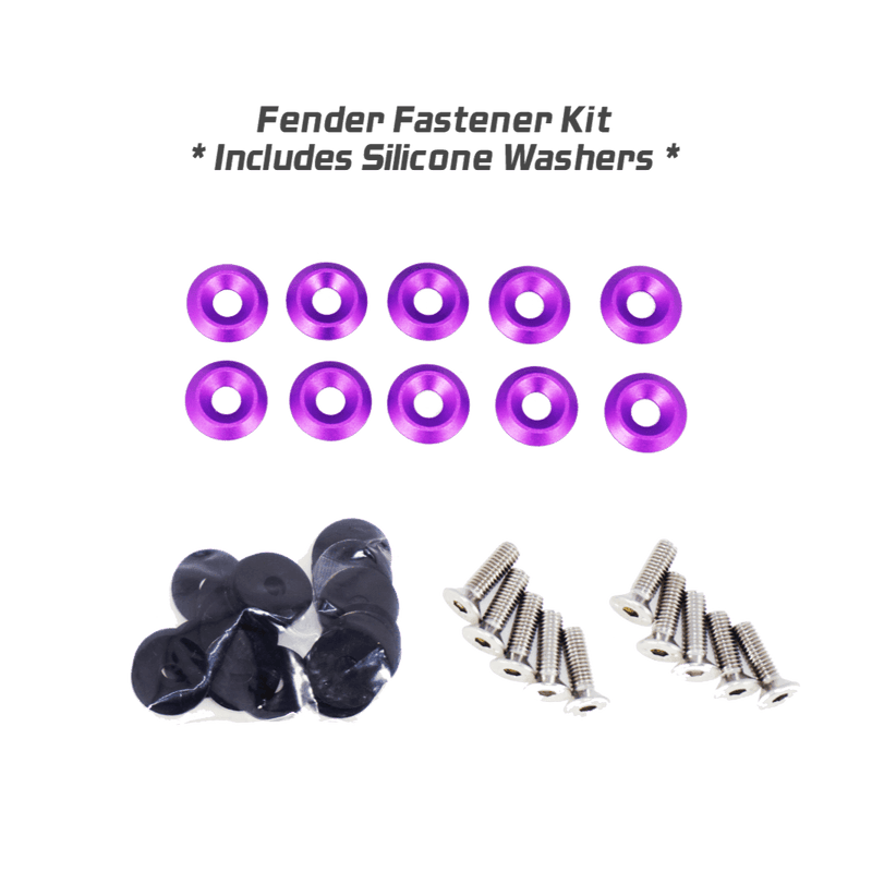 Cargue la imagen en el visor de la galería, ZSPEC fender fastener kit for Nissan GT-R R32/R33/R34. Includes purple billet washers, stainless bolts, and black spacers.
