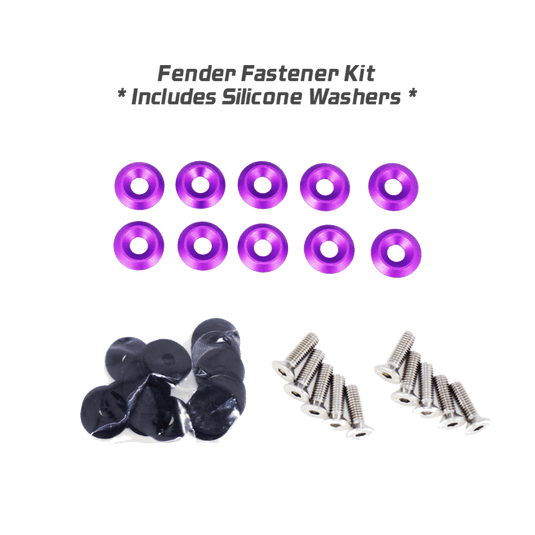 ZSPEC fender fastener kit for Nissan GT-R R32/R33/R34. Includes purple billet washers, stainless bolts, and black spacers.