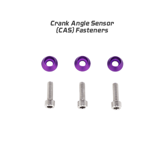 Purple ZSPEC Crank Angle Sensor bolt kit for Nissan Skyline R32, R33, R34. Includes stainless bolts and billet washers.