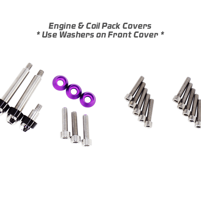 Cargue la imagen en el visor de la galería, ZSPEC bolt kit for Nissan Skyline R32/R33/R34. Stainless bolts and purple billet finish washers on black background.
