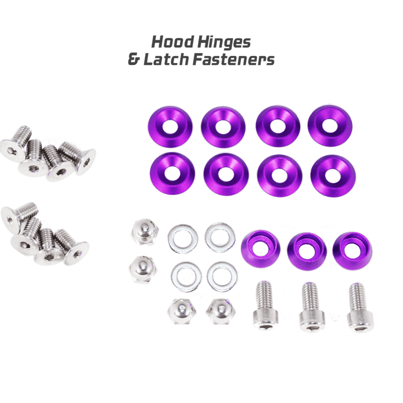 Cargue la imagen en el visor de la galería, ZSPEC purple anodized bolt and washer kit for Nissan Skyline GT-R R32, R33, and R34 hood hinges and latches.
