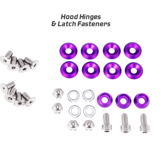 ZSPEC purple anodized bolt and washer kit for Nissan Skyline GT-R R32, R33, and R34 hood hinges and latches.