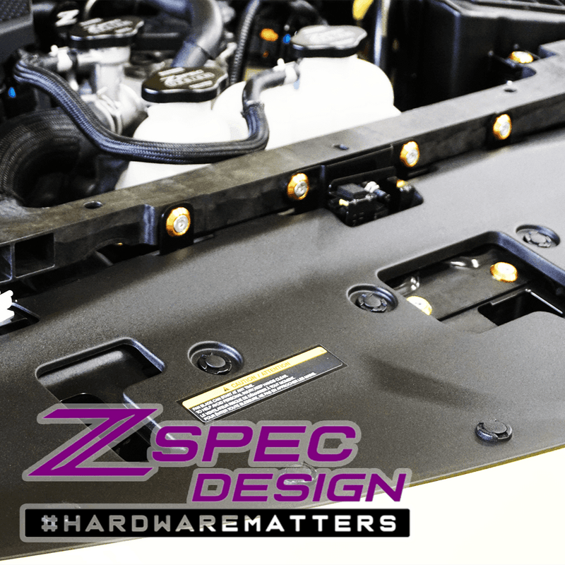 ギャラリービューアに画像をロードする, ZSPEC gold billet dress-up bolts installed on a Nissan Z RZ34 engine bay shroud.
