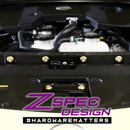 ZSPEC gold billet dress-up bolts installed on a Nissan Z (RZ34) engine bay.