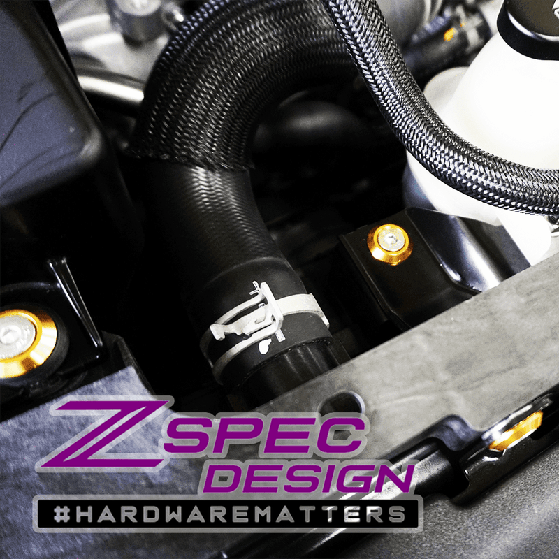 ギャラリービューアに画像をロードする, ZSPEC gold billet and stainless hardware kit installed in a Nissan Z RZ34 engine bay.
