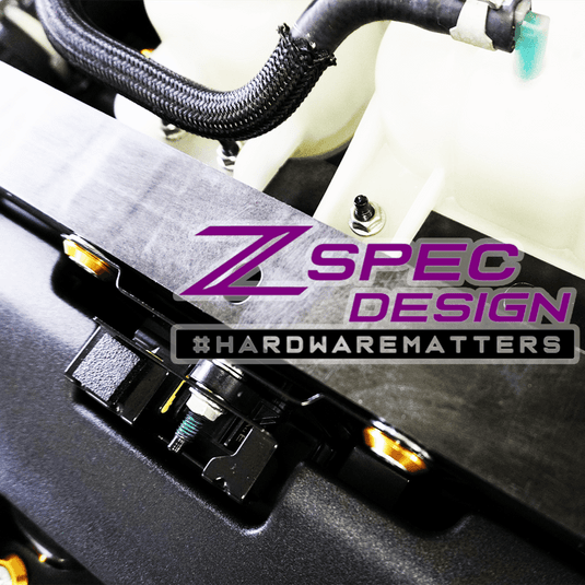 ZSPEC gold and stainless dress-up bolt kit installed on a Nissan Z (RZ34) engine bay.