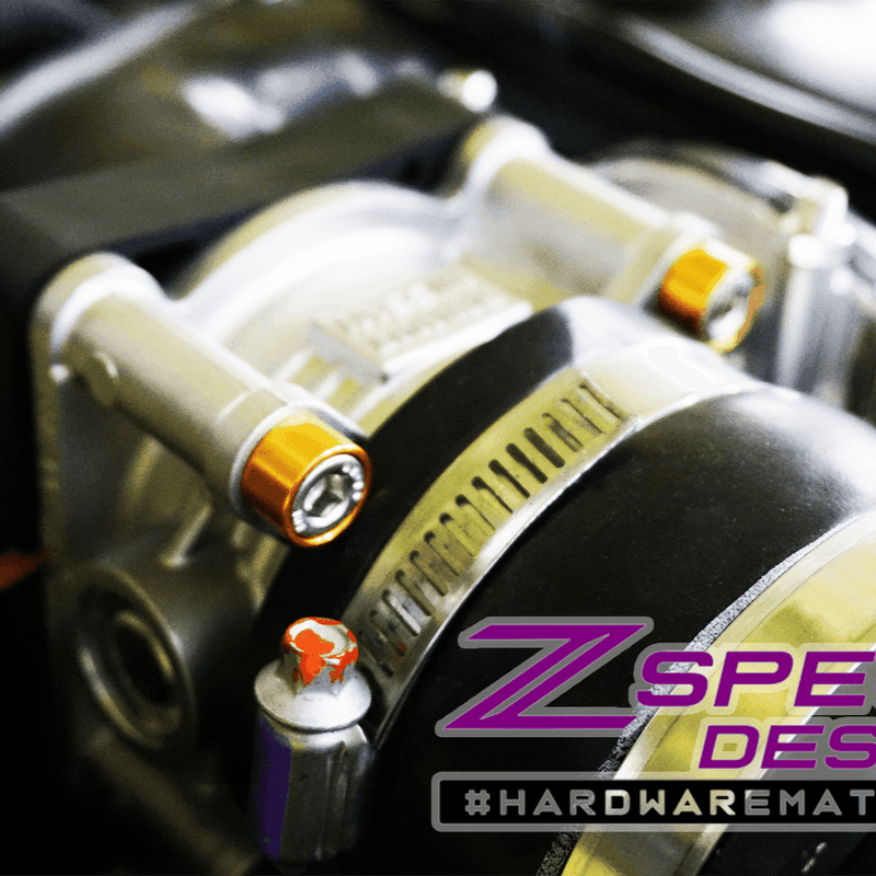 ギャラリービューアに画像をロードする, ZSPEC Stage-1 gold billet and stainless steel bolt hardware kit installed on a Nissan Z RZ34 engine.
