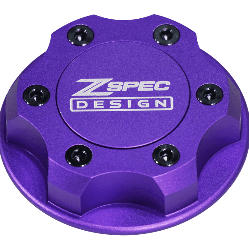 Load image into Gallery viewer, Purple ZSPEC billet oil filler cap for Nissan, Infiniti, and Datsun engines with black hex-bolt accents.

