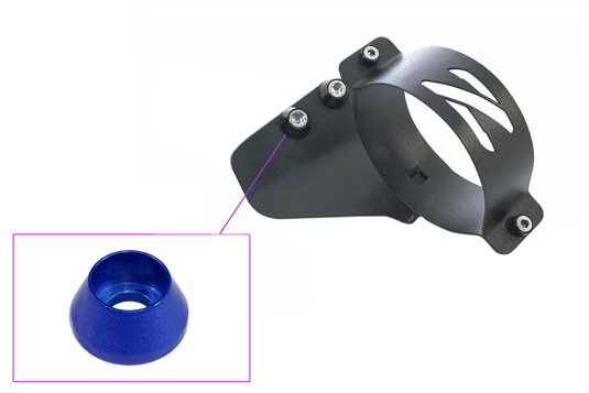 Black ZSPEC RHD fuel filter bracket for Nissan Z32 with blue mounting washer detail.