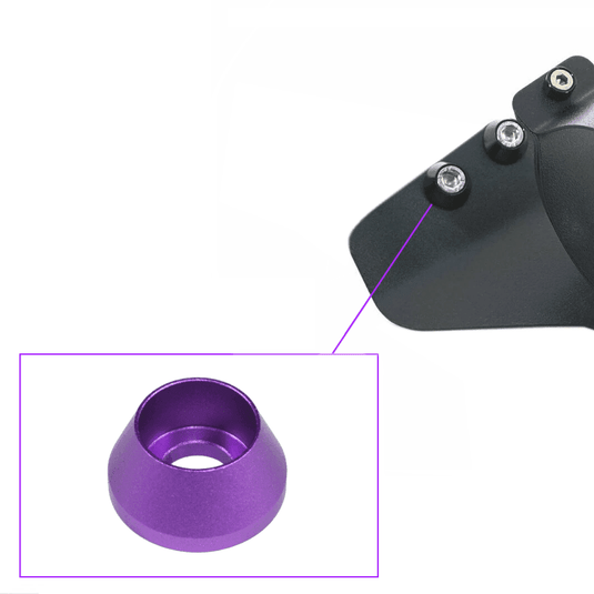 Black ZSPEC fuel filter bracket for Nissan Z32 with a purple anodized finishing washer, shown in a cutout detail.