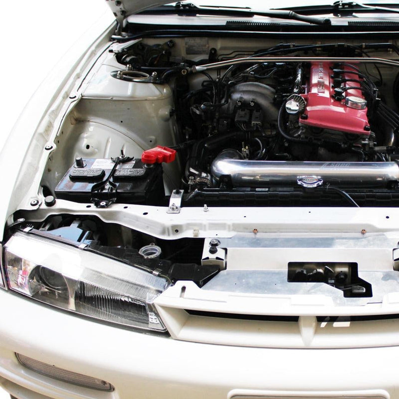 Cargue la imagen en el visor de la galería, ZSPEC Stage-2 bolt kit installed on a clean white Nissan 240SX S14 engine bay with silver and stainless fasteners.
