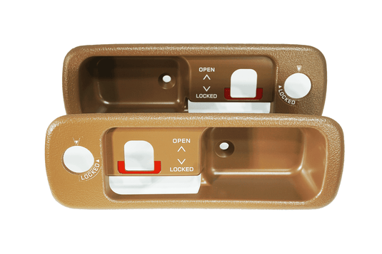 Tan ZSPEC T-top handle finishers for '90-96 Nissan 300ZX Z32, featuring locking indicators and white text.