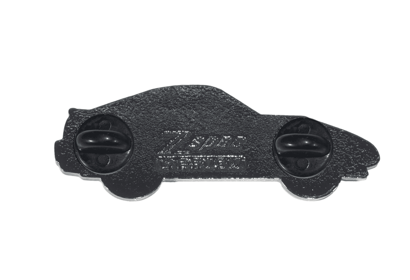 Load image into Gallery viewer, Back view of a black ZSPEC Z31 300zx Anniversary Edition lapel pin featuring two black rubber clutch backings.
