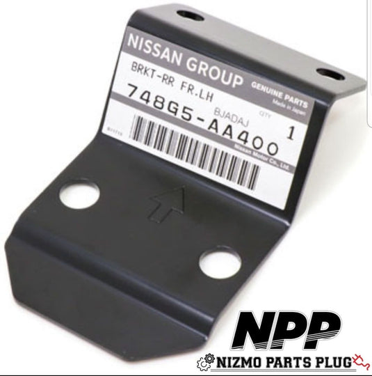 New black Nissan R34 GTR Vspec rear diffuser side mounting bracket with original Nissan parts label.
